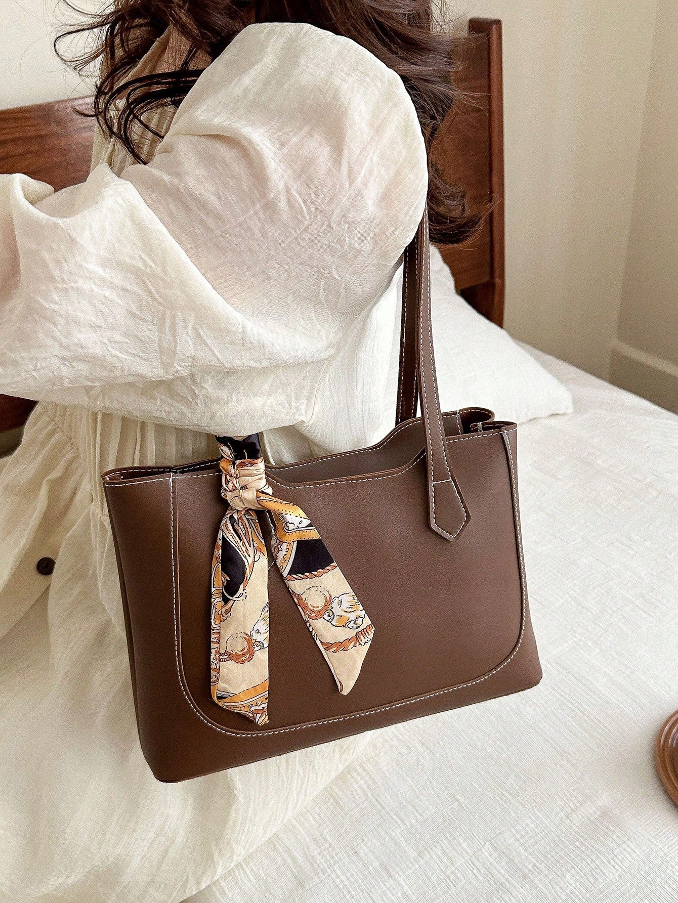 Shein - A Fashionable, Casual, And Minimalist Shopping Bag With A Fashionable Scarf And A Shoulder Tote Bag, Suitable For Shopping