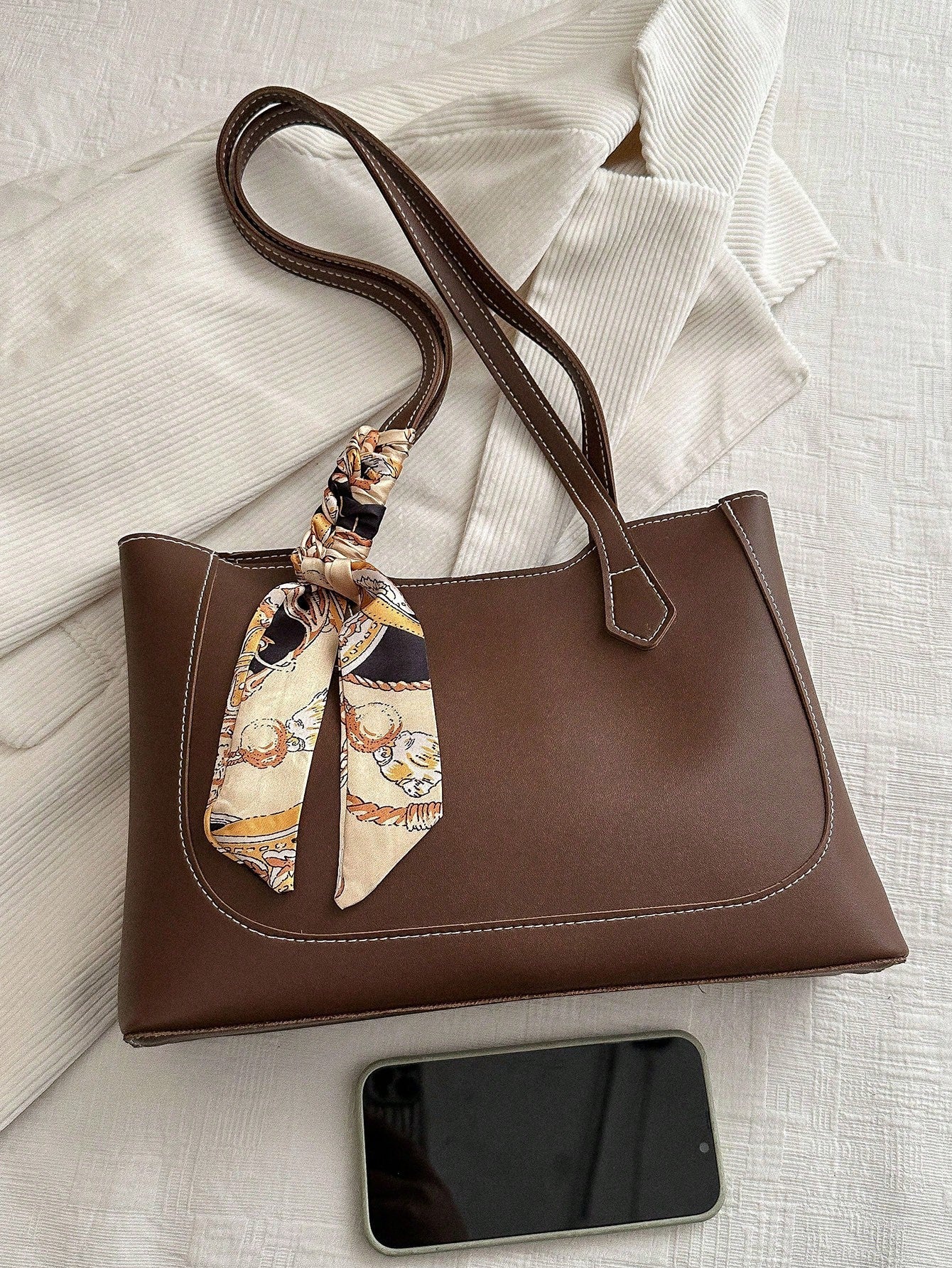 Shein - A Fashionable, Casual, And Minimalist Shopping Bag With A Fashionable Scarf And A Shoulder Tote Bag, Suitable For Shopping