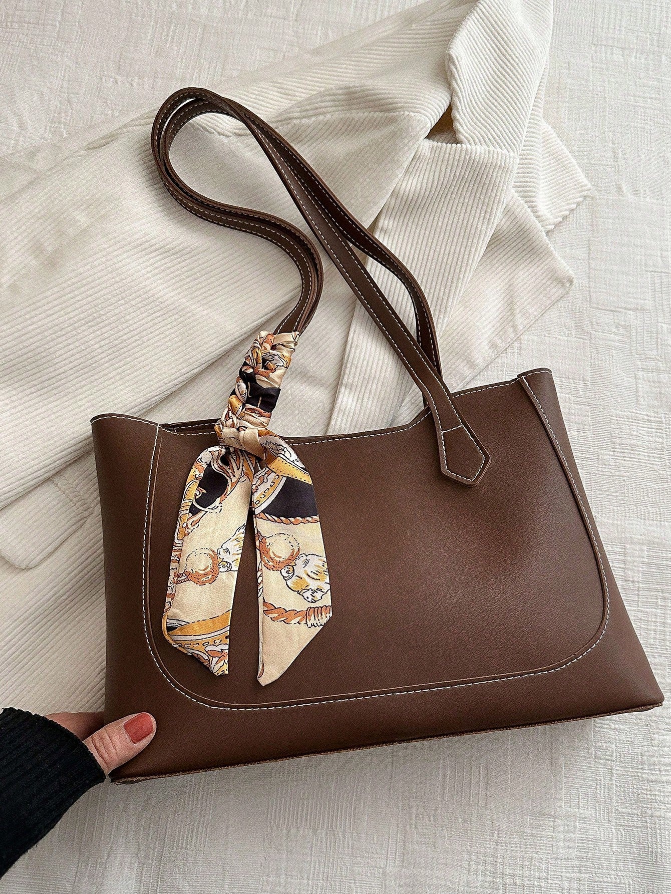 Shein - A Fashionable, Casual, And Minimalist Shopping Bag With A Fashionable Scarf And A Shoulder Tote Bag, Suitable For Shopping