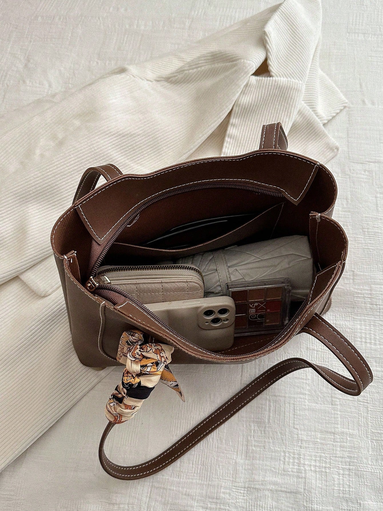 Shein - A Fashionable, Casual, And Minimalist Shopping Bag With A Fashionable Scarf And A Shoulder Tote Bag, Suitable For Shopping