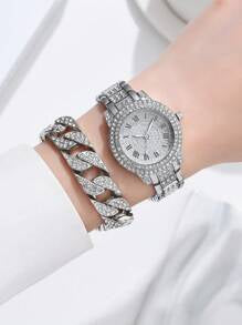 Shein - 2pcs Ladies Watch Women's Full Rhinestone Alloy Quartz Wrist Watch With Rhinestone Decorated Stainless Steel Bracelet