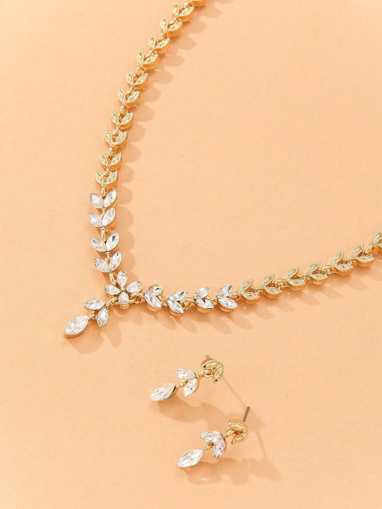 Shein - 3Pcs/Set Golden Alloy Leaf Shape & Rhinestone Decor Earrings And Necklace Set For Women