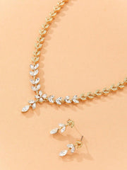 Shein - 3Pcs/Set Golden Alloy Leaf Shape & Rhinestone Decor Earrings And Necklace Set For Women