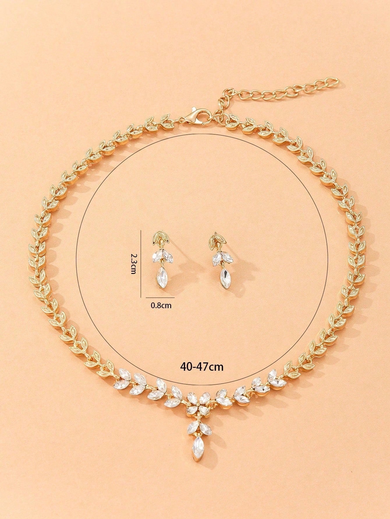 Shein - 3Pcs/Set Golden Alloy Leaf Shape & Rhinestone Decor Earrings And Necklace Set For Women
