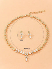 Shein - 3Pcs/Set Golden Alloy Leaf Shape & Rhinestone Decor Earrings And Necklace Set For Women