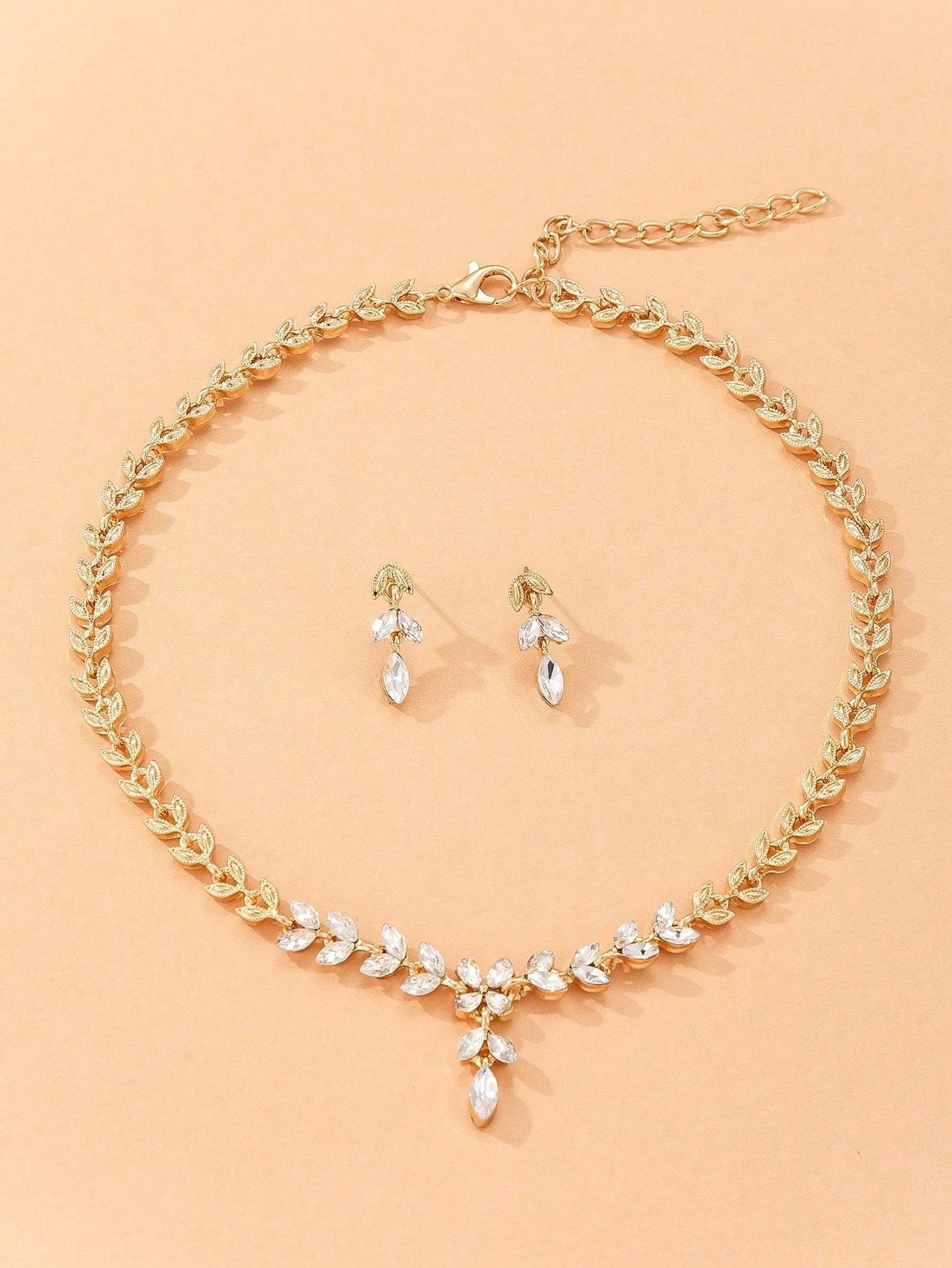 Shein - 3Pcs/Set Golden Alloy Leaf Shape & Rhinestone Decor Earrings And Necklace Set For Women
