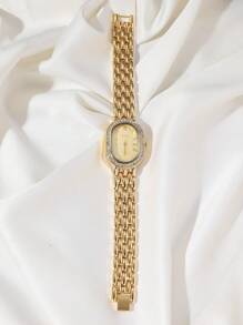 Shein - Disu Lady's Classic Business Wristwatch, Oval Gold Dial & Stainless Steel Strap With Zirconia & Quartz Movement