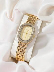 Shein - Disu Lady's Classic Business Wristwatch, Oval Gold Dial & Stainless Steel Strap With Zirconia & Quartz Movement