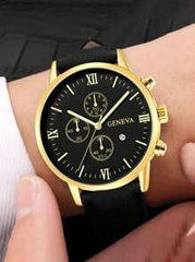 Shein - Men Watch 1pc Men's Black Pu Strap Gold Dial Calendar Fashion Quartz Watch Watch For Men Father's Day Gifts