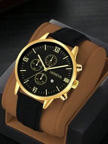 Shein - Men Watch 1pc Men's Black Pu Strap Gold Dial Calendar Fashion Quartz Watch Watch For Men Father's Day Gifts