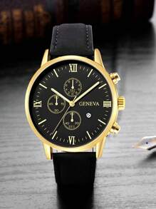 Shein - Men Watch 1pc Men's Black Pu Strap Gold Dial Calendar Fashion Quartz Watch Watch For Men Father's Day Gifts
