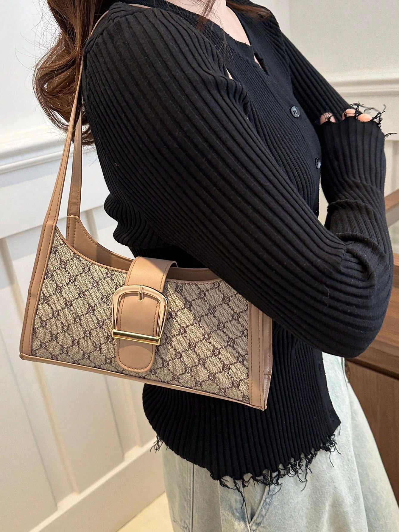 Shein - A Women'S Retro Fashion Color Contrast Shoulder Bag, Elegant Light Luxury Underarm Bag Pu, Casual Small Square Bag, Suitable For Women'S Daily Use