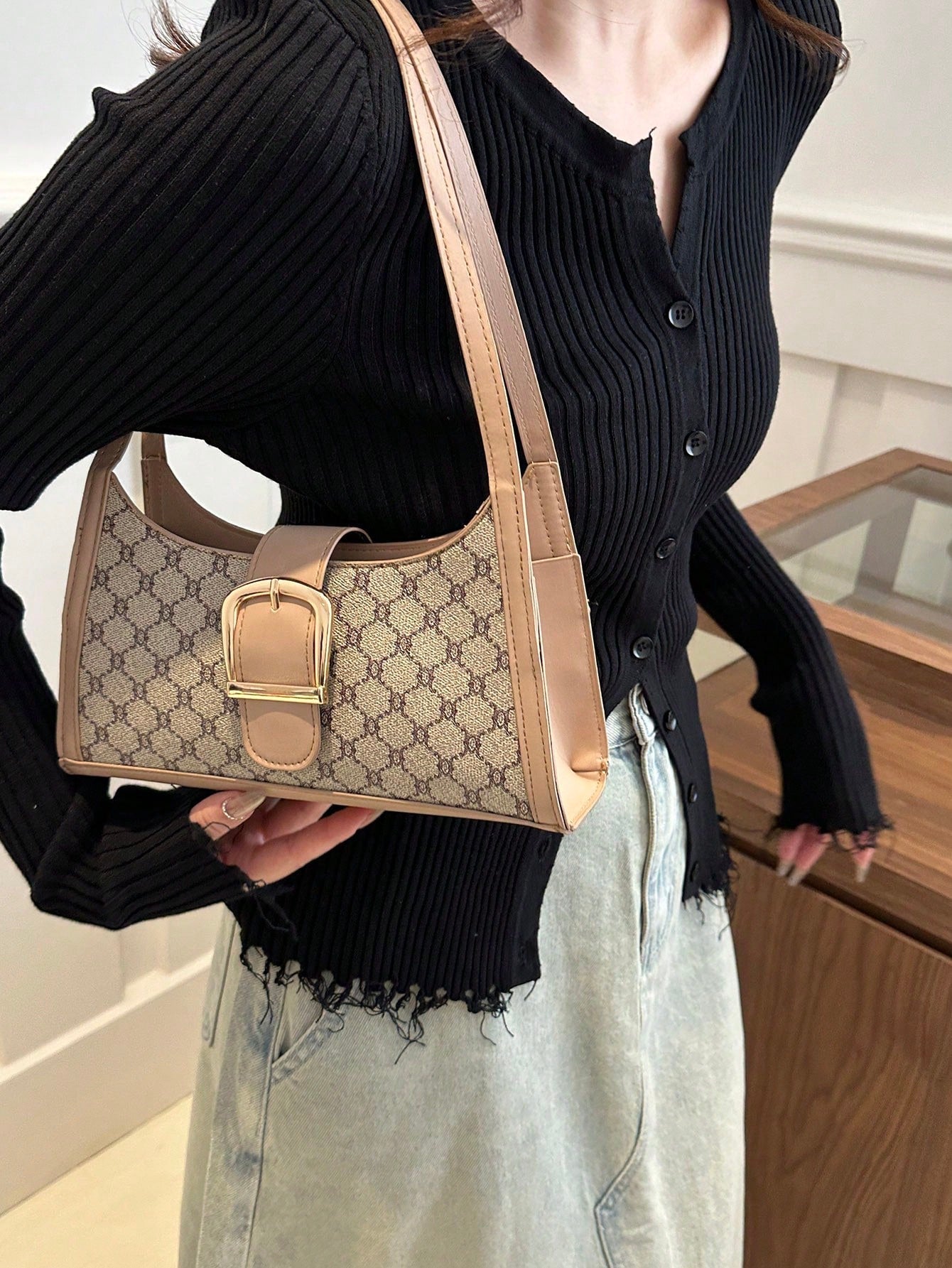 Shein - A Women'S Retro Fashion Color Contrast Shoulder Bag, Elegant Light Luxury Underarm Bag Pu, Casual Small Square Bag, Suitable For Women'S Daily Use