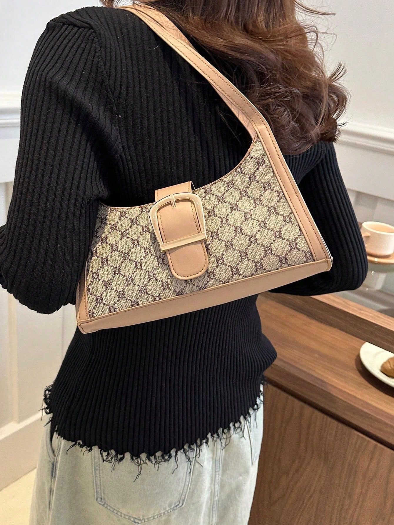 Shein - A Women'S Retro Fashion Color Contrast Shoulder Bag, Elegant Light Luxury Underarm Bag Pu, Casual Small Square Bag, Suitable For Women'S Daily Use