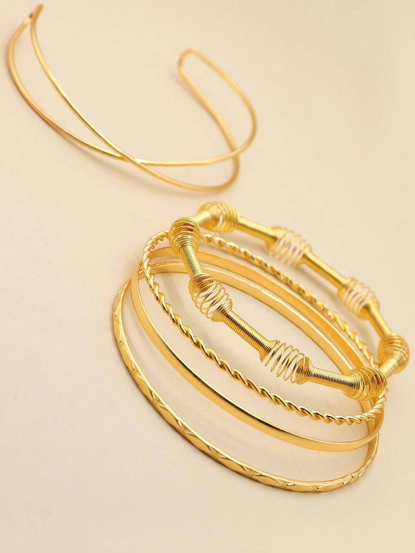 Shein - 5Pcs Basic Style Crossed Diamond Pattern Twisted Gold Bangle, Suitable For Men And Women Daily Wear