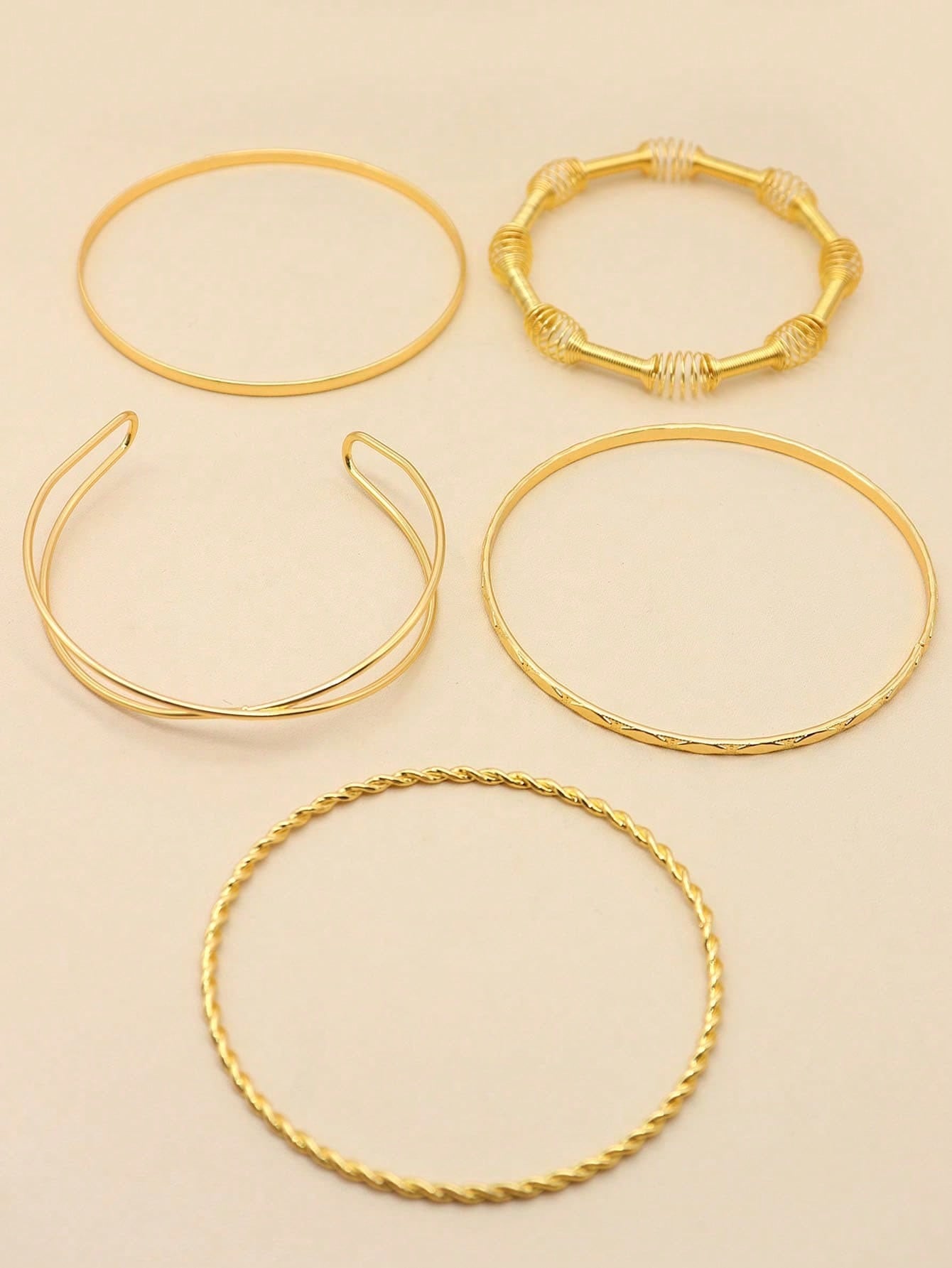 Shein - 5Pcs Basic Style Crossed Diamond Pattern Twisted Gold Bangle, Suitable For Men And Women Daily Wear