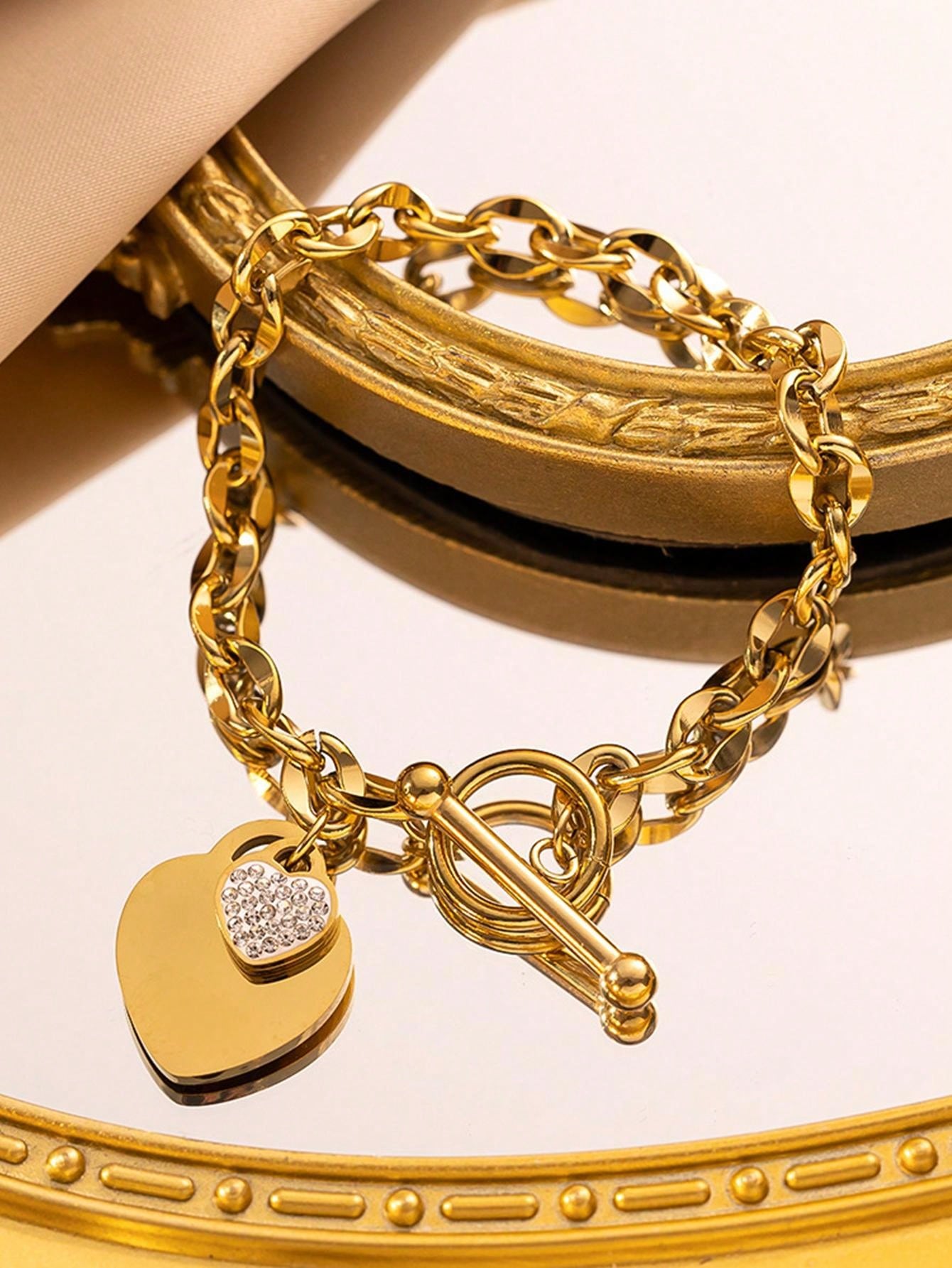 Shein - 1pc Elegant & Luxurious Stainless Steel Bracelet Plated In 18k Gold-Color With Two Heart Shaped Pendant, Suitable For Women To Wear At Parties Or As A Gift