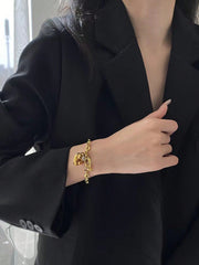Shein - 1pc Elegant & Luxurious Stainless Steel Bracelet Plated In 18k Gold-Color With Two Heart Shaped Pendant, Suitable For Women To Wear At Parties Or As A Gift