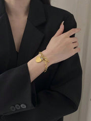 Shein - 1pc Elegant & Luxurious Stainless Steel Bracelet Plated In 18k Gold-Color With Two Heart Shaped Pendant, Suitable For Women To Wear At Parties Or As A Gift