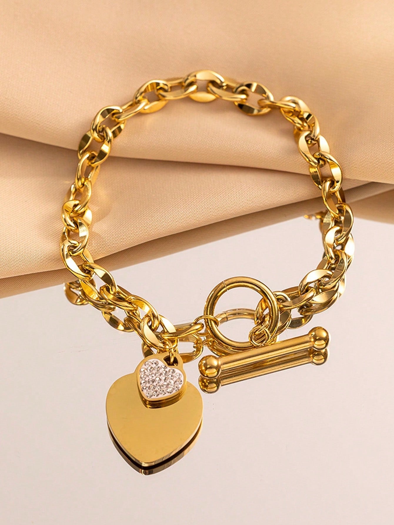 Shein - 1pc Elegant & Luxurious Stainless Steel Bracelet Plated In 18k Gold-Color With Two Heart Shaped Pendant, Suitable For Women To Wear At Parties Or As A Gift