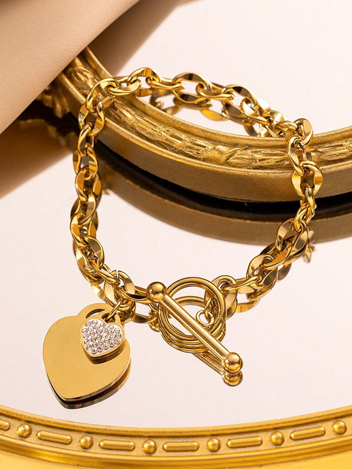 Shein - 1pc Elegant & Luxurious Stainless Steel Bracelet Plated In 18k Gold-Color With Two Heart Shaped Pendant, Suitable For Women To Wear At Parties Or As A Gift