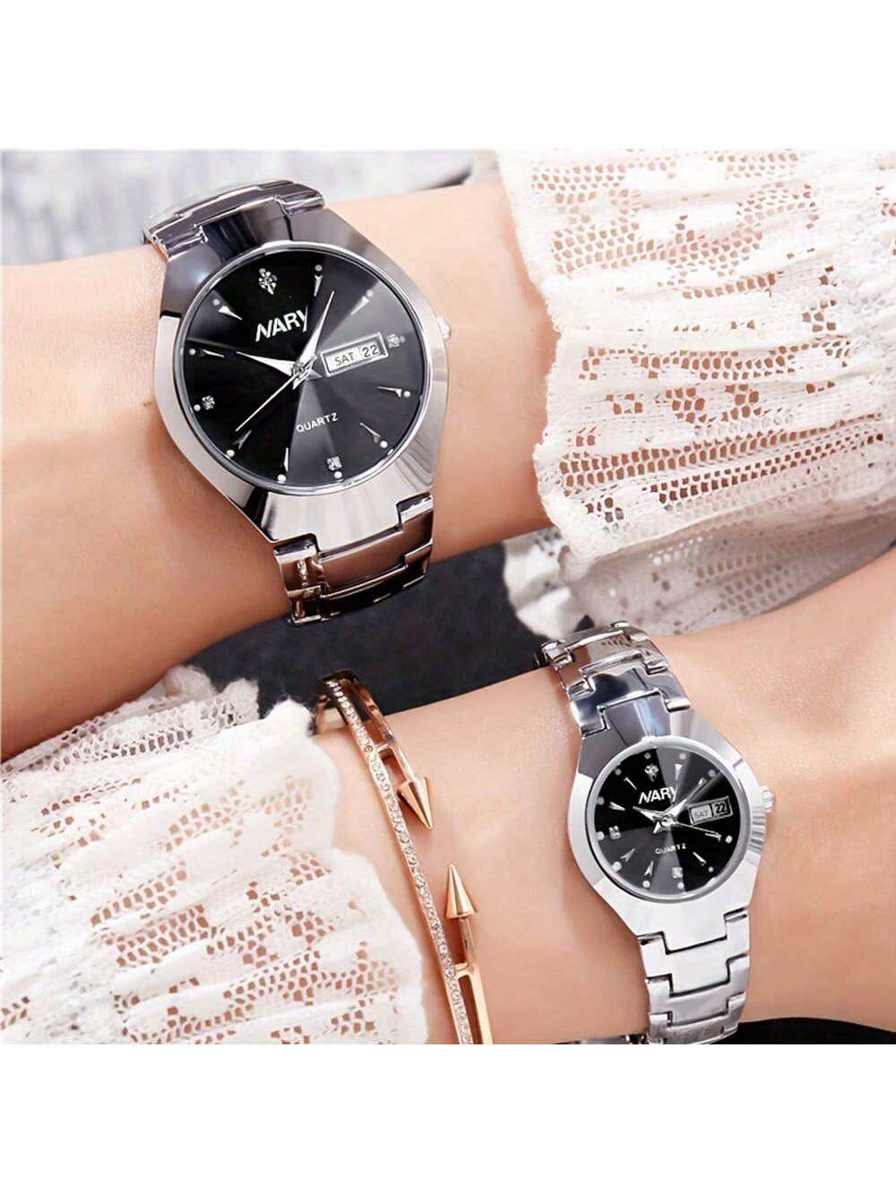 Shein - 2Pcs/Set Couple'S Quartz Watch With Calendar Function, Business & Fashion Design, Ideal Valentine'S Day Gift For Men & Women, Suitable For Daily Wear