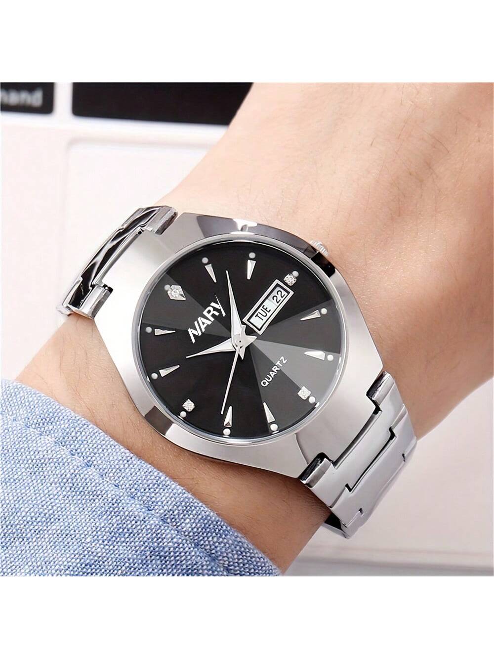 Shein - 2Pcs/Set Couple'S Quartz Watch With Calendar Function, Business & Fashion Design, Ideal Valentine'S Day Gift For Men & Women, Suitable For Daily Wear