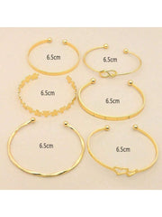Shein - 6pcs/set Personality Love & Flower & Om & Uppercut Ring Shaped Creative Stainless Steel Bangle, Mideast Gold Color