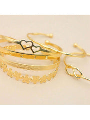 Shein - 6pcs/set Personality Love & Flower & Om & Uppercut Ring Shaped Creative Stainless Steel Bangle, Mideast Gold Color