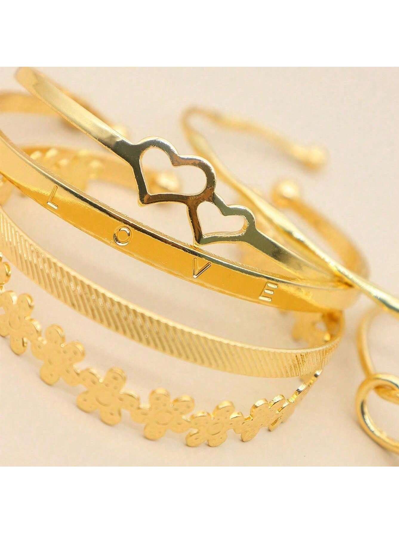 Shein - 6pcs/set Personality Love & Flower & Om & Uppercut Ring Shaped Creative Stainless Steel Bangle, Mideast Gold Color