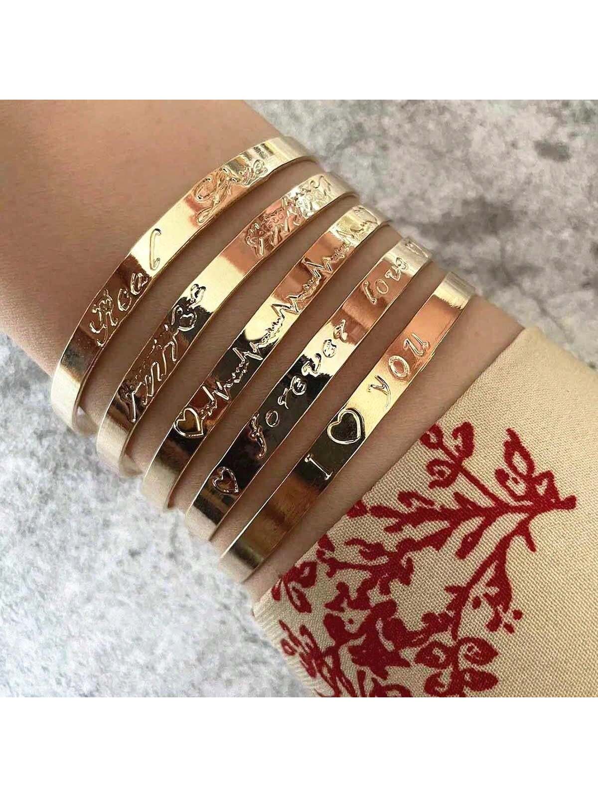 Shein - 6pcs/set Personality Love & Flower & Om & Uppercut Ring Shaped Creative Stainless Steel Bangle, Mideast Gold Color