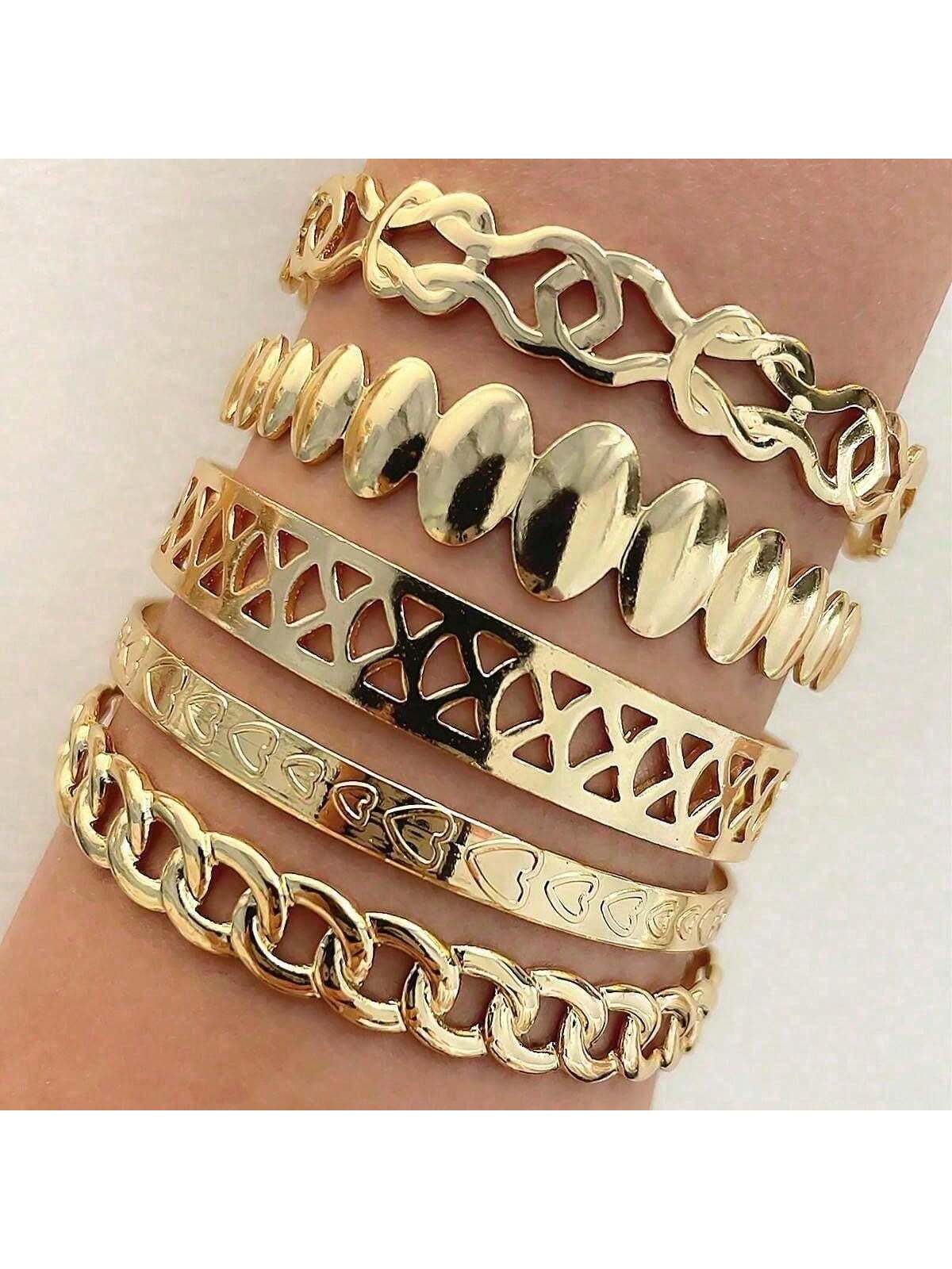 Shein - 6pcs/set Personality Love & Flower & Om & Uppercut Ring Shaped Creative Stainless Steel Bangle, Mideast Gold Color