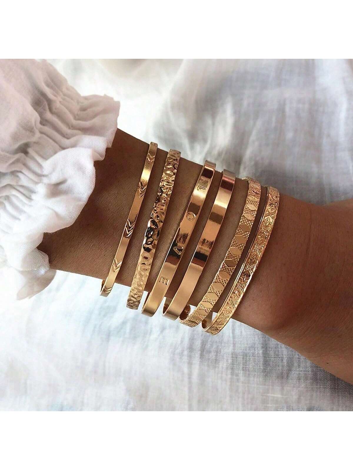 Shein - 6pcs/set Personality Love & Flower & Om & Uppercut Ring Shaped Creative Stainless Steel Bangle, Mideast Gold Color