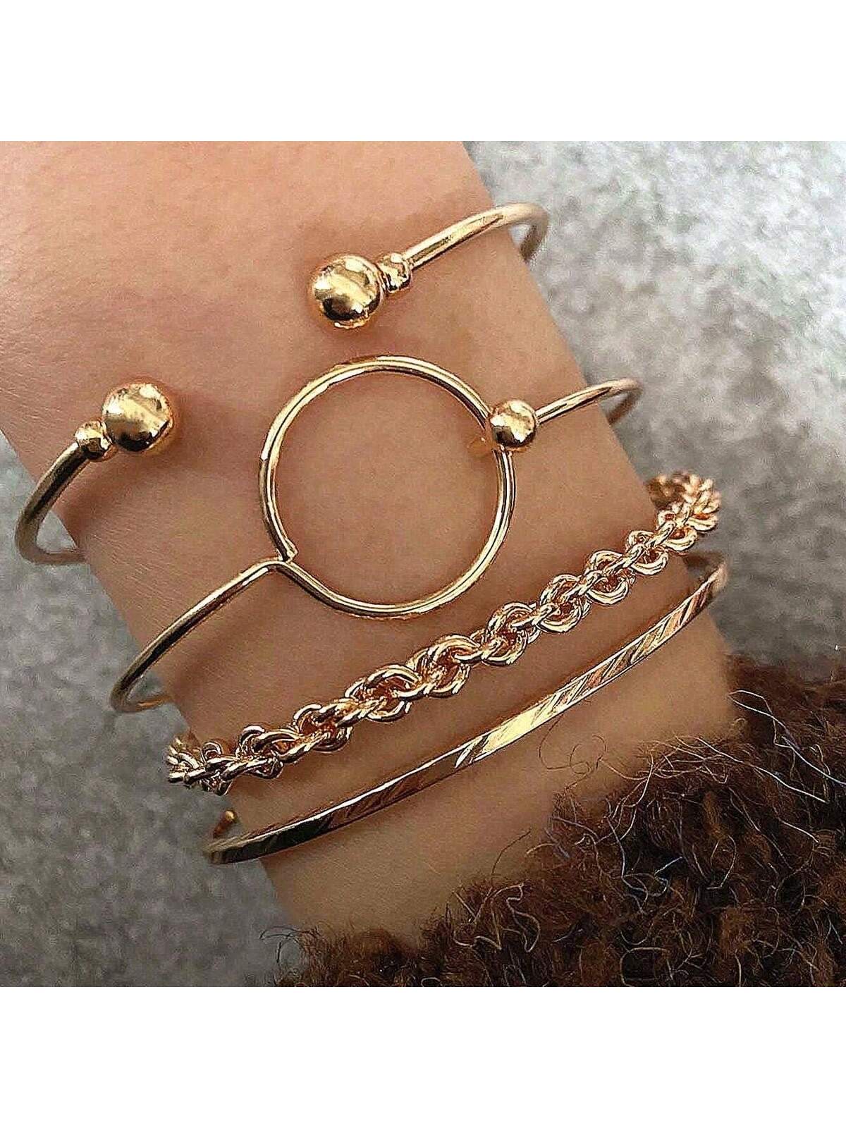 Shein - 6pcs/set Personality Love & Flower & Om & Uppercut Ring Shaped Creative Stainless Steel Bangle, Mideast Gold Color