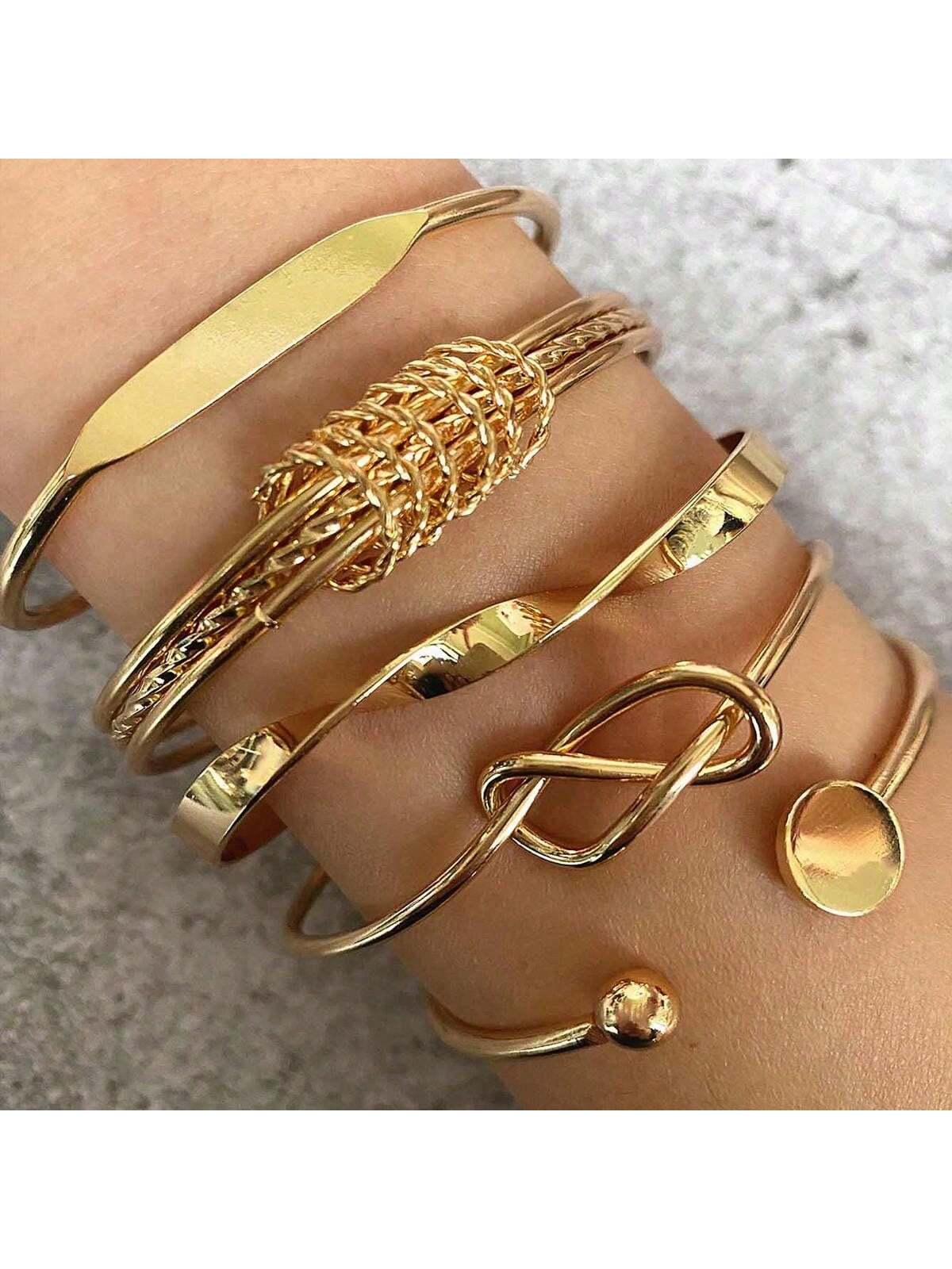 Shein - 6pcs/set Personality Love & Flower & Om & Uppercut Ring Shaped Creative Stainless Steel Bangle, Mideast Gold Color