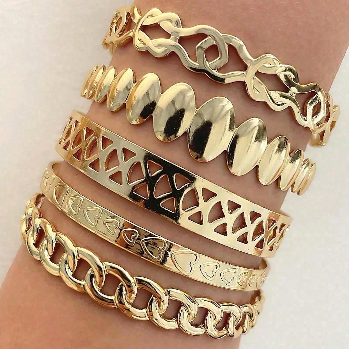 Shein - 6pcs/set Personality Love & Flower & Om & Uppercut Ring Shaped Creative Stainless Steel Bangle, Mideast Gold Color