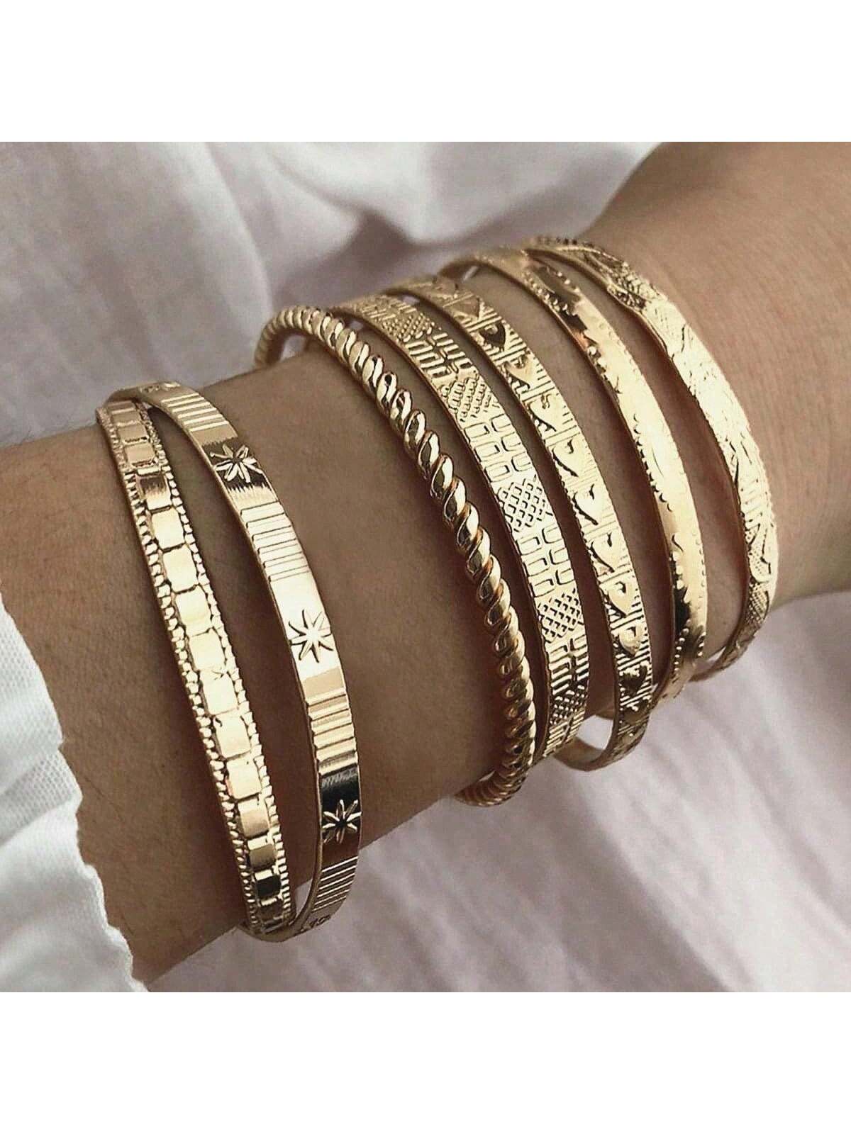 Shein - 6pcs/set Personality Love & Flower & Om & Uppercut Ring Shaped Creative Stainless Steel Bangle, Mideast Gold Color