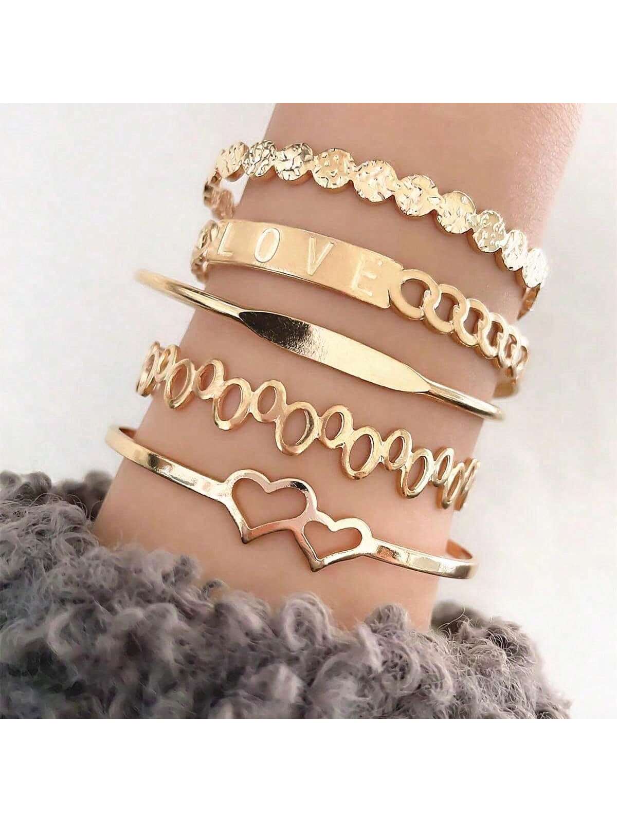 Shein - 6pcs/set Personality Love & Flower & Om & Uppercut Ring Shaped Creative Stainless Steel Bangle, Mideast Gold Color