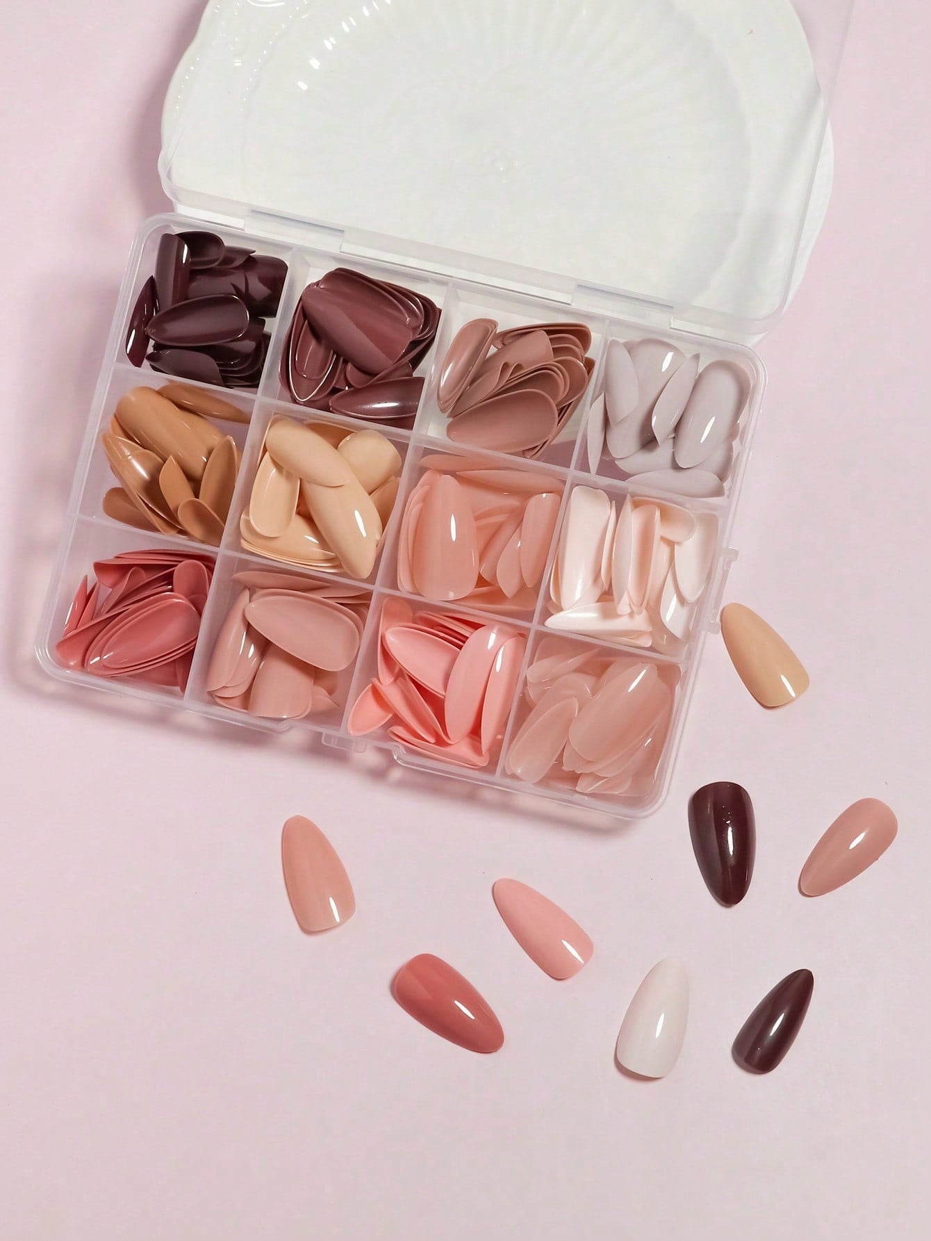 Shein - 288Pcs 12Mixed Solid Autumm And Winter Colors Long Almond Nail Tips Full Cover False Nail Tips Press On Fake Nails With Storage Box As Gift For Women And Girls