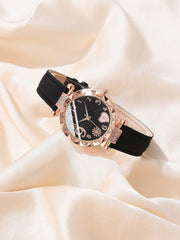 Shein - 6Pcs Women'S Watch Set - Fashionable Simple Black Pu Strap Watch With Flower Shaped Dial, Heart Shaped Hour Markers & Rhinestone Decorated Case, Black Rhinestone Jewelry Set, Watch & Jewelry Set