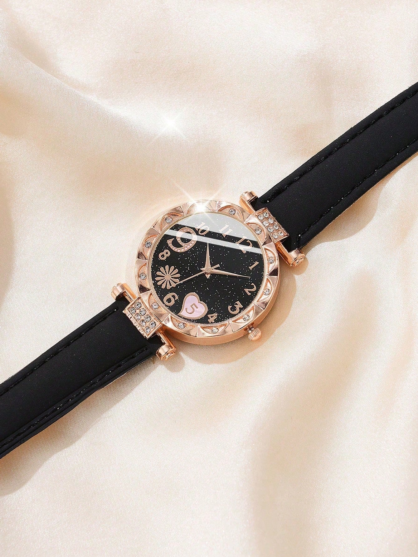 Shein - 6Pcs Women'S Watch Set - Fashionable Simple Black Pu Strap Watch With Flower Shaped Dial, Heart Shaped Hour Markers & Rhinestone Decorated Case, Black Rhinestone Jewelry Set, Watch & Jewelry Set