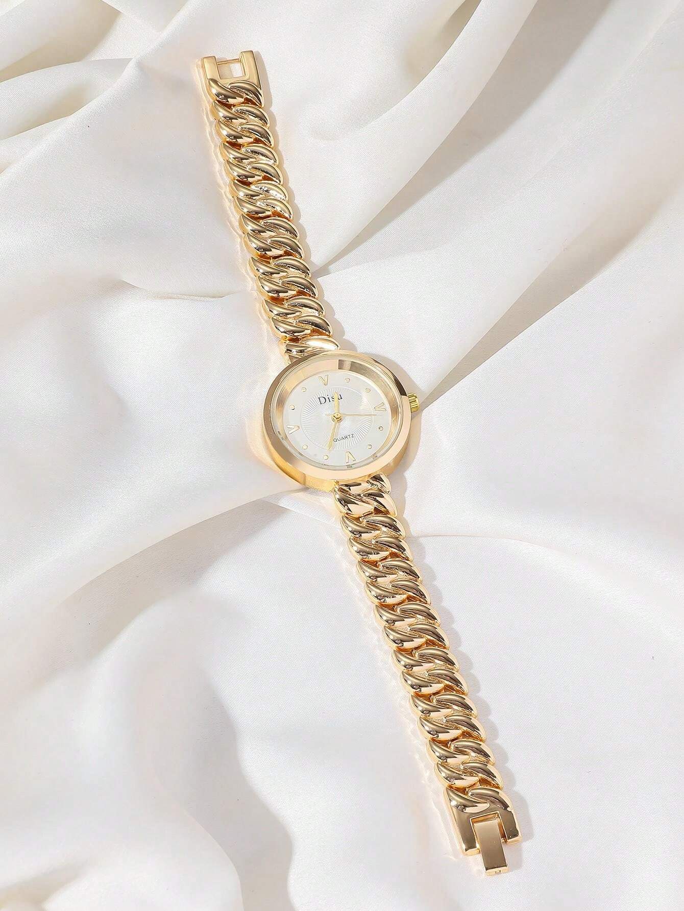 Shein - Disu Classic Fashionable Gold Stainless Steel Watch Band Bracelet Watch For Ladies.