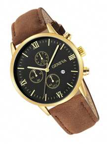 Shein - Men Watch 1pc Men's Fashionable Quartz Watch With Brown Pu Strap And Calendar Display Watch