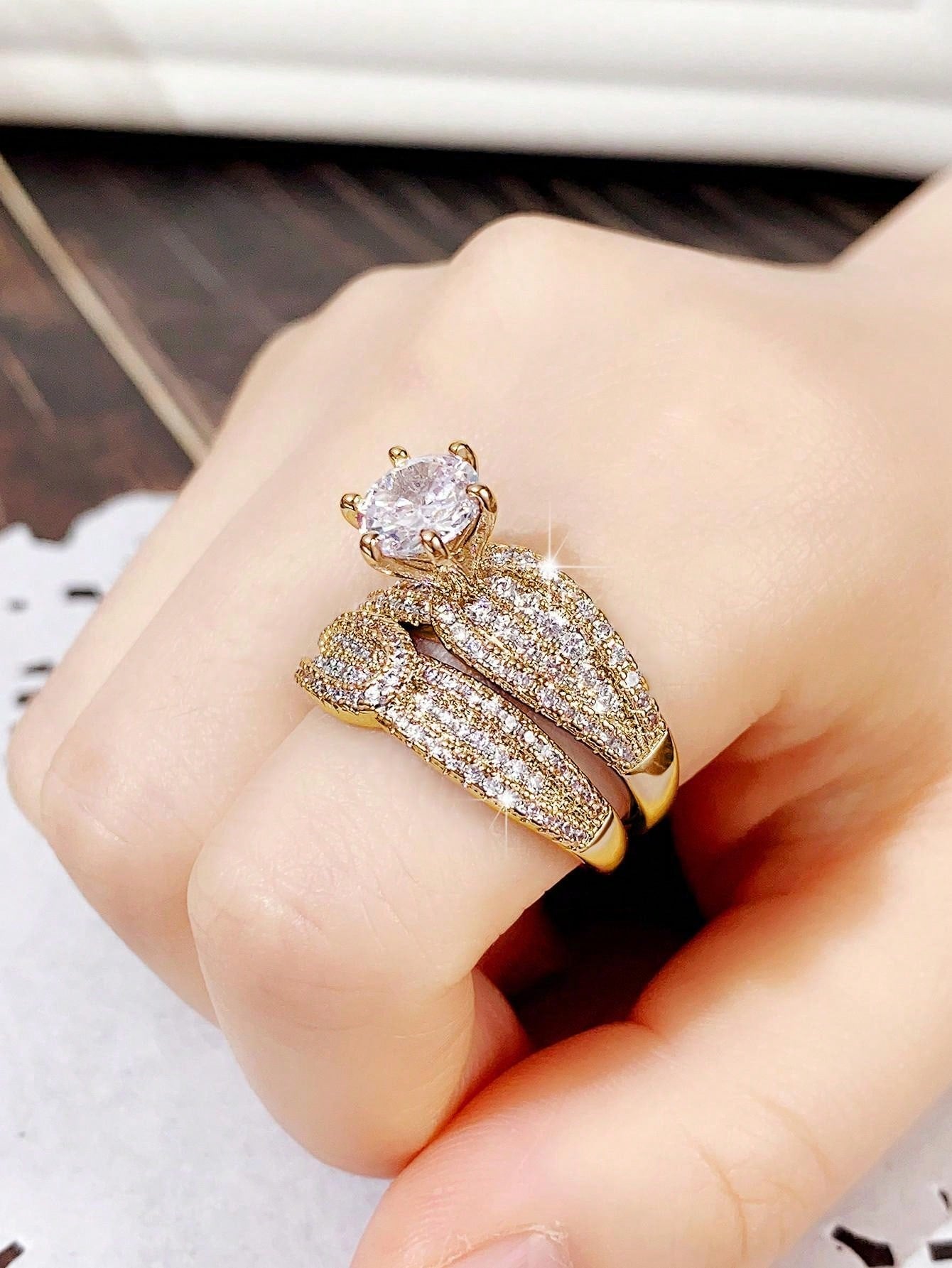Shein - 2Pc/Set Gorgeous Cubic Zirconia Ring For Women For Valentine'S Day Gift Wedding Anniversary Party Jewelry