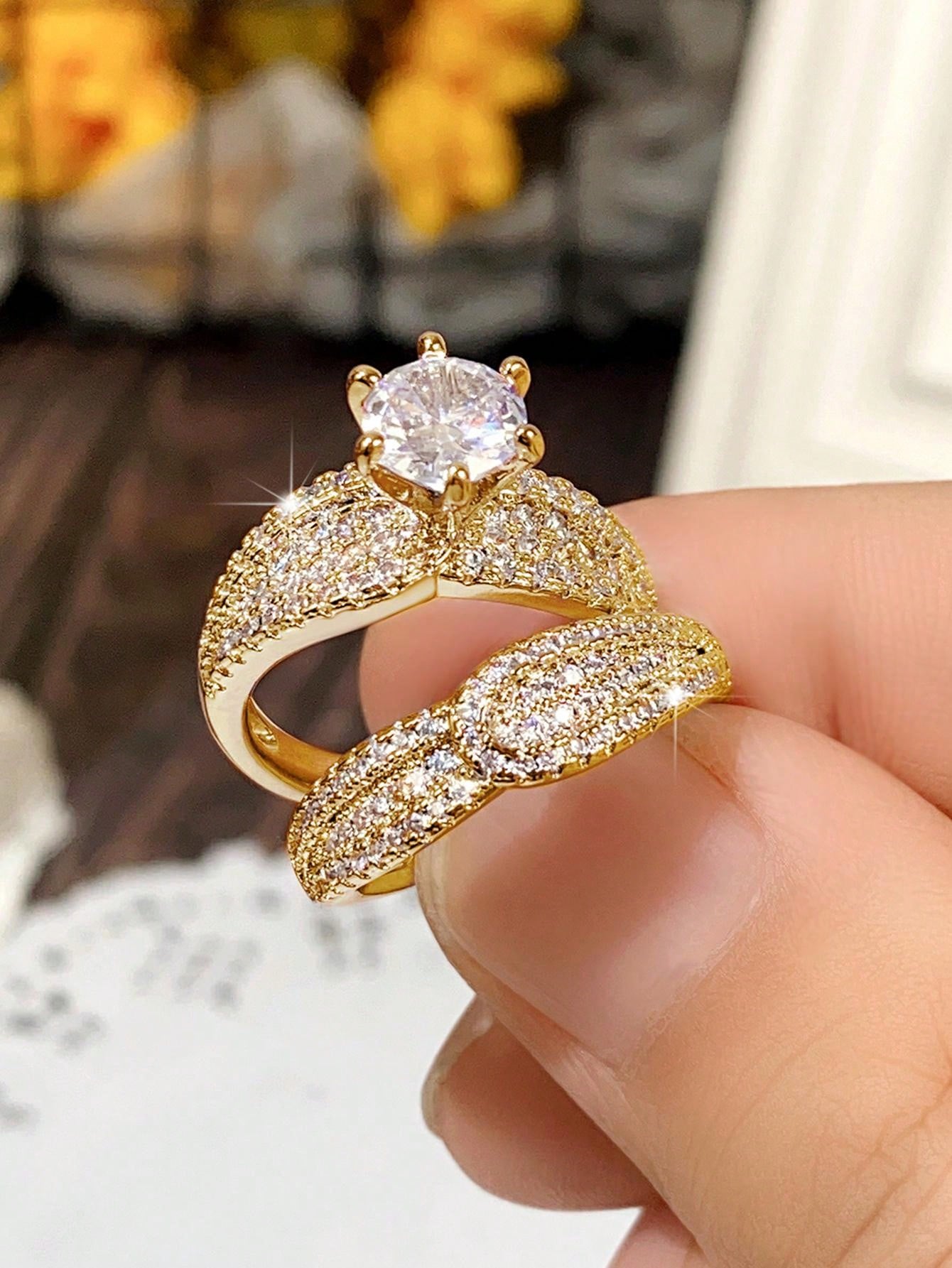 Shein - 2Pc/Set Gorgeous Cubic Zirconia Ring For Women For Valentine'S Day Gift Wedding Anniversary Party Jewelry