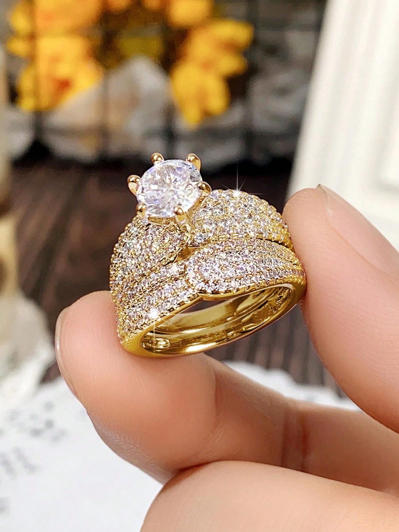 Shein - 2Pc/Set Gorgeous Cubic Zirconia Ring For Women For Valentine'S Day Gift Wedding Anniversary Party Jewelry