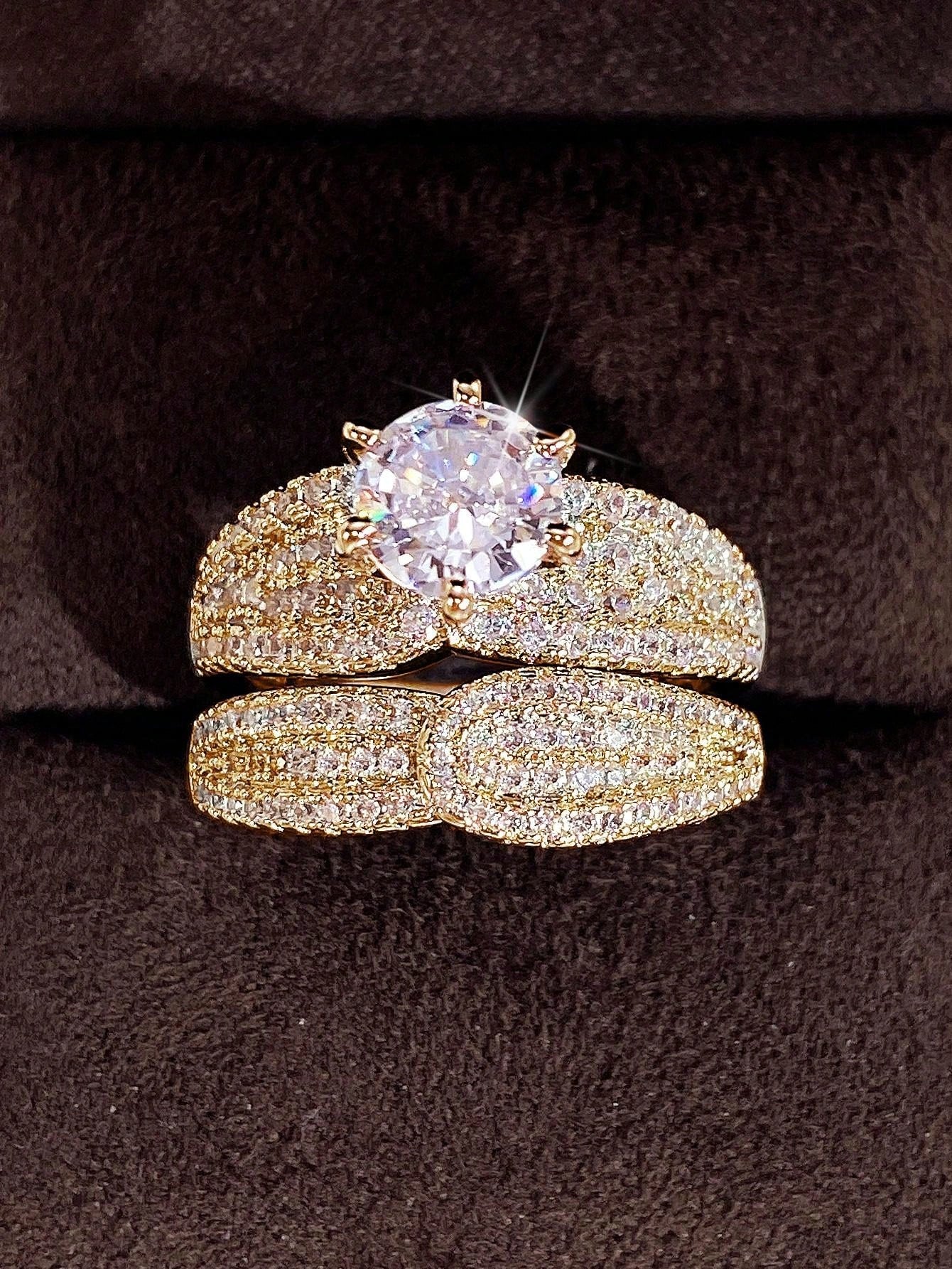 Shein - 2Pc/Set Gorgeous Cubic Zirconia Ring For Women For Valentine'S Day Gift Wedding Anniversary Party Jewelry
