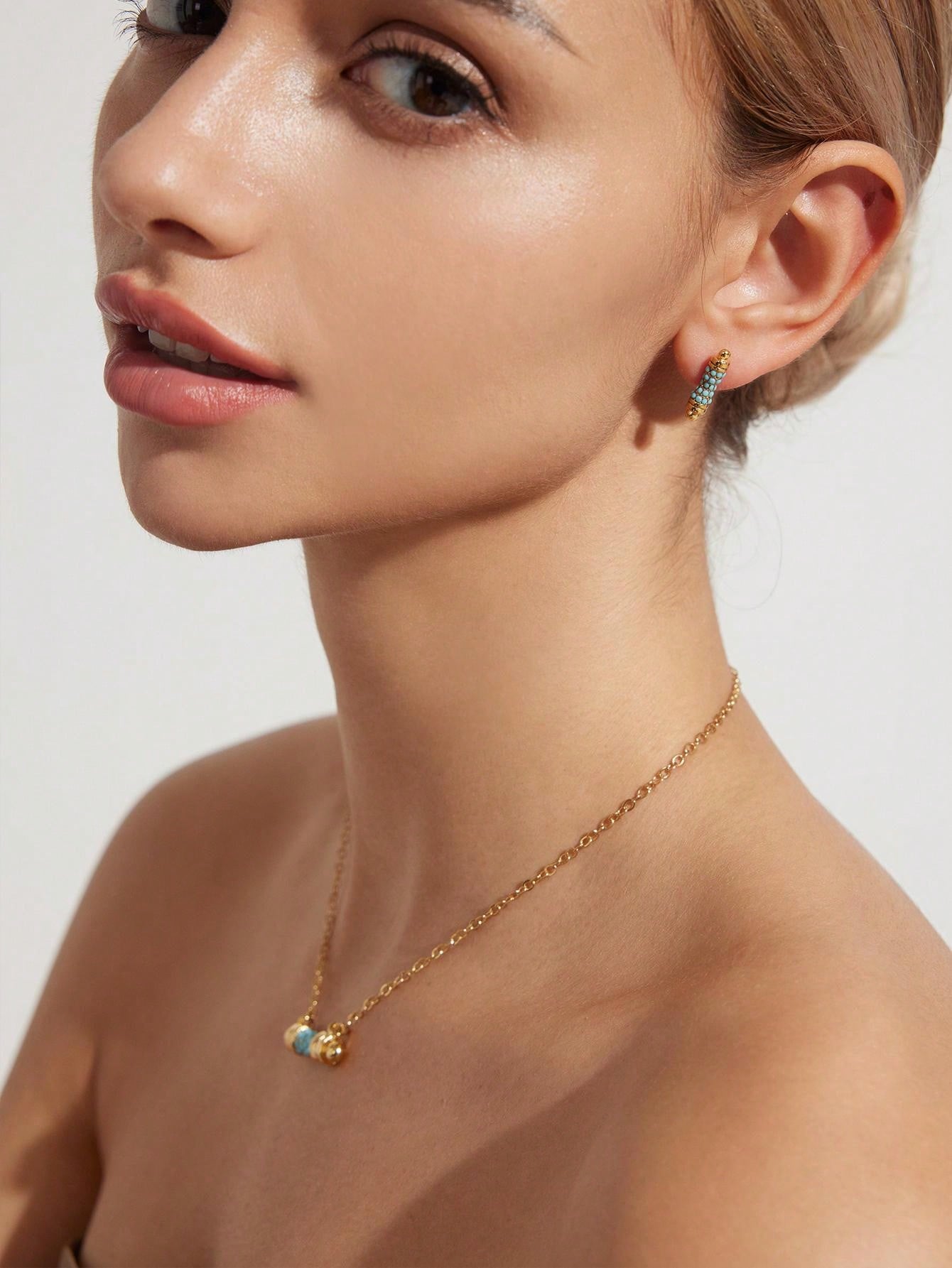 Shein - 1Set Simple Copper Plated Blue Stone Inlay Ear Studs Ring Necklace Jewelry Set Suitable For Women'S Daily Wear