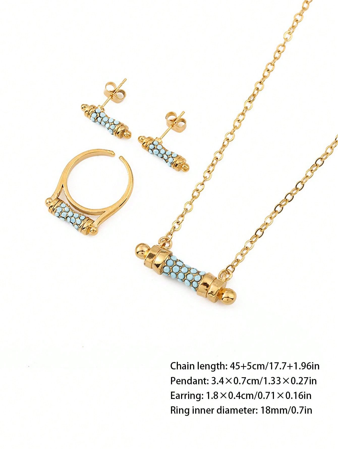 Shein - 1Set Simple Copper Plated Blue Stone Inlay Ear Studs Ring Necklace Jewelry Set Suitable For Women'S Daily Wear