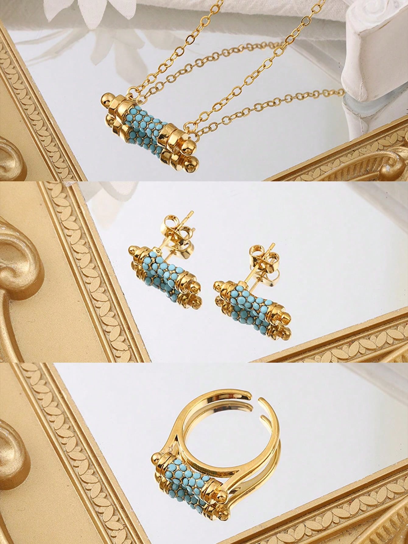 Shein - 1Set Simple Copper Plated Blue Stone Inlay Ear Studs Ring Necklace Jewelry Set Suitable For Women'S Daily Wear